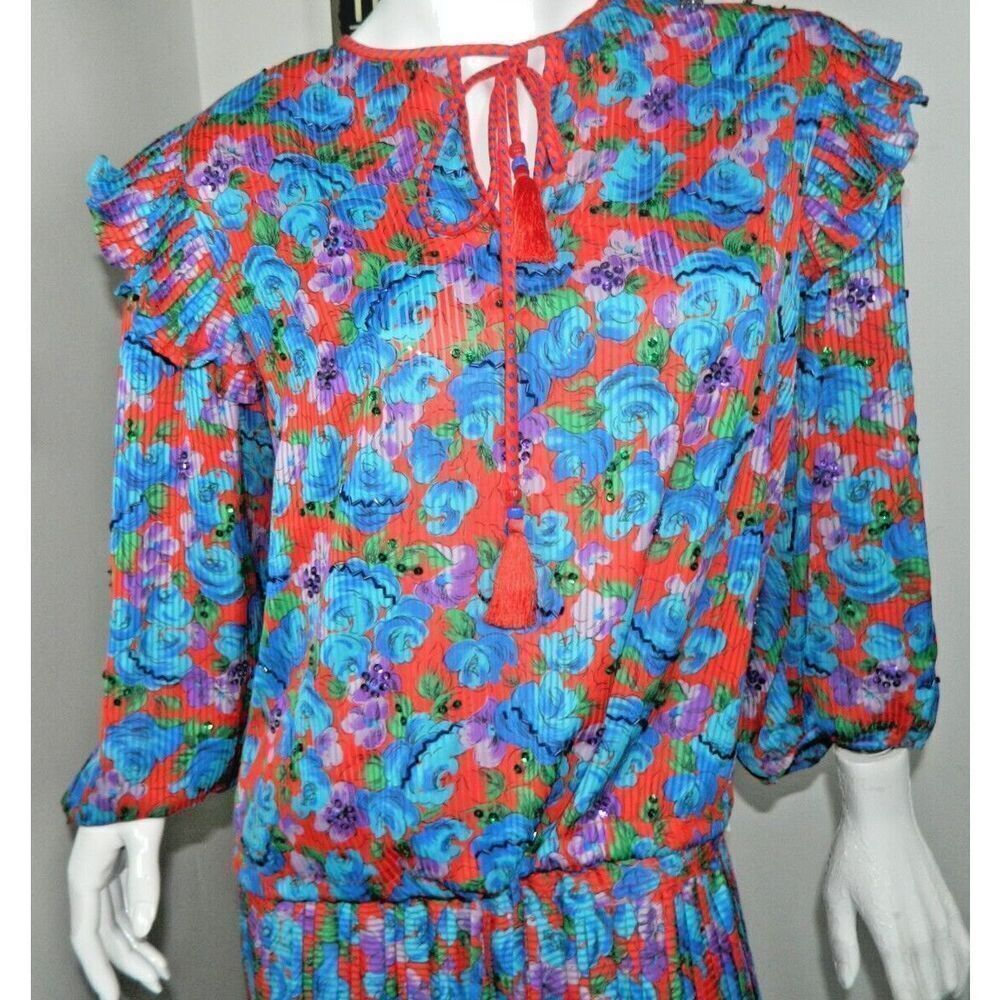 Vintage Diane Freis Skirt Set L/XL Blue  Purple Red Floral‎ Pleated Sequins 80's - Picture 6 of 13